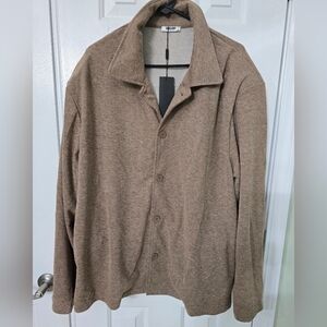 Mens Button Down Pajama Lounger Top with Pockets and Lined Shoulders Tan 2XL